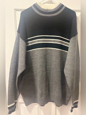 Vintage 90s Cube Striped Crewneck Sweater XL Black Gray Colorblock Skater Y2K